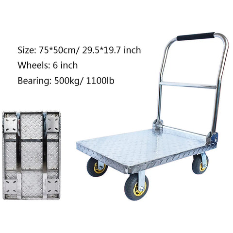Beefy Heavy Duty Stainless Steel Hand Cart Platform Cart With Foldable Handle And Silent Rotating Wheels For Smooth Stable Hauling Of Big Loads On Any Job Site Home Garage Warehouse Or Shop Floor Built Tough For Long Lasting Use. 75x50cm 6-inch wheels 500kg