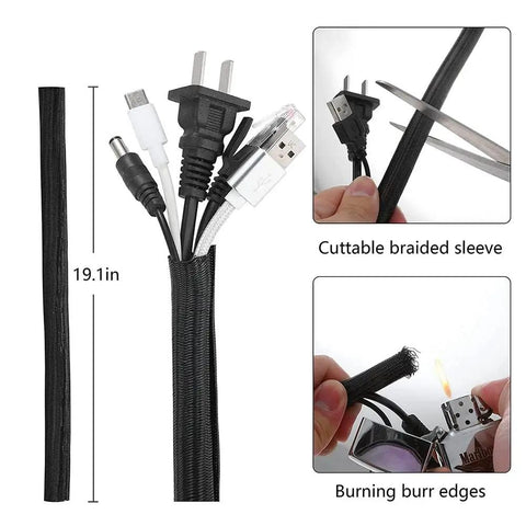 Ultimate 173 Piece Cable Management Kit With Heavy Duty Adhesive Wall Clips And Secure Cord Ties showing cuttable braided sleeve for wire organization.