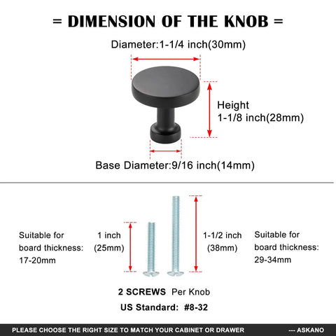 Dimensions and screws for Ten Pack One And One Quarter Inch Oil Rubbed Bronze Cabinet Knobs Brushed Bronze Round Drawer Pulls For Cabinets Drawers
