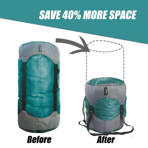 Ultralight Compression Sack For Sleeping Bags And Packable Gear Space Saving Stuff Sack For Camping Hiking And Backpacking 210T Tear Resistant Polyester Turquoise Small before and after compressing, showing 40% space saving.