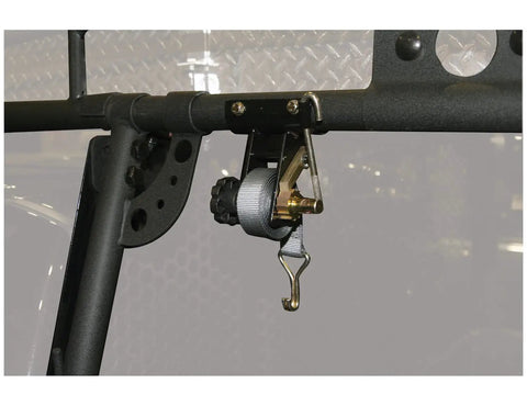 Round Tube Ladder Rack Ratchet Straps 2 Pack 7 Ft By 1-1/2 Inch With Double J Hook displayed on a metal rack