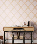 Pink And Metallic Gold Marrakesh Peel And Stick Wallpaper Removable With Moroccan Trellis Design On Matte Backdrop in home office setting