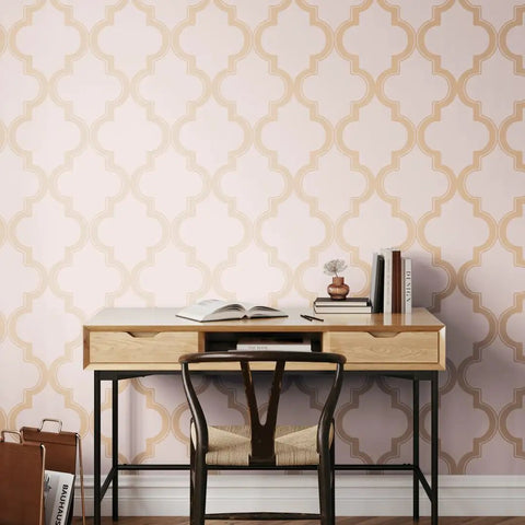 Pink And Metallic Gold Marrakesh Peel And Stick Wallpaper Removable With Moroccan Trellis Design On Matte Backdrop in home office setting