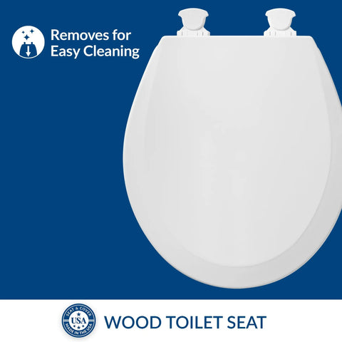 Durable Wood Toilet Seat With Easy Clean Hinges, Elongated White Six-Pack, Made In USA, Quick Release for Easy Cleaning