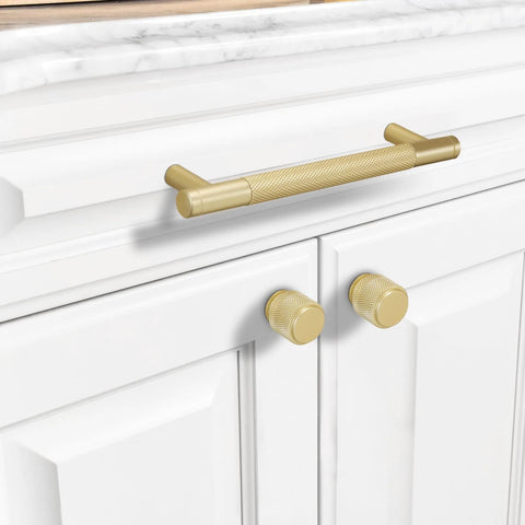 10 Pack 5 Inch Brushed Gold Knurled Cabinet Pulls For Kitchen Cabinets Drawers And Doors installed on white cabinet