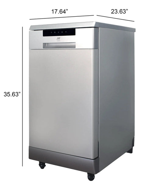 Sleek Heavy Duty Portable Dishwasher 18 Inch With Stainless Steel Tub and Energy Star Certified efficiency, side view with dimensions.