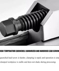 Heavy Duty Six Inch Bench Vise Delivers Dead Nuts Accurate 0.005mm Precision With HRC62 Hardened Steel Jaw Grip close-up of lead screw.