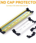 DIN Rail End Cap Protectors Set, 20 Pieces For 35mm Wide NS Rails, Cut Resistant Shield To Cover Rail Ends, black end caps shown