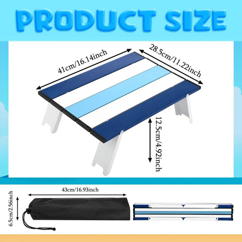 Foldable Beach Table For Picnics And Camping, Portable Aluminum Side Table With Carry Bag, Compact 16x11x5 Inches, Navy Striped Design