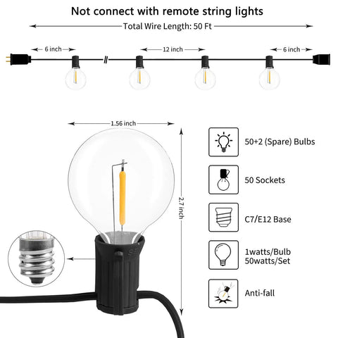 Diagram showing G40 Outdoor String Lights 50 Ft With 52 Shatterproof Bulbs And 2 Spare, Weatherproof IP44 Hanging Patio Lights measurements