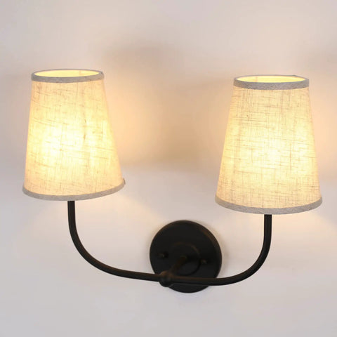 Two Light Wall Sconces With Funnel Linen Fabric Shades Vintage Modern Metal Wall Lamps for bedrooms and bathrooms