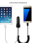 Top Notch Retractable Car Charger With Spring Loaded Micro USB Cable That Slides Out To Three Point Six Feet For Hassle Free Always Powered Up Charging Plus A Bonus Port For Your Backseat Crew, charging a tablet and phone.