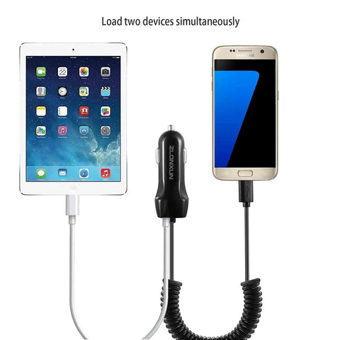 Top Notch Retractable Car Charger With Spring Loaded Micro USB Cable That Slides Out To Three Point Six Feet For Hassle Free Always Powered Up Charging Plus A Bonus Port For Your Backseat Crew, charging a tablet and phone.