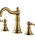 Two Handle Brushed Gold Bathroom Faucet For 3 Hole 8 Inch Widespread Lavatory With High Arc Spout And Pop Up Drain Lead Free And CUPC NSF Certified Easy Install Solid Brass Construction Fits 8 To 12 Inch Spread Lavatory Model F 8805 BG