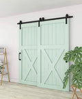 Barn Door Sliding Track Kit For Double Doors Black Finish With J Shaped Rollers Easy Install Hanging Rail System