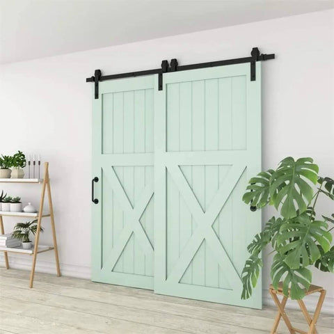 Heavy Duty Sliding Barn Door Hardware Kit With 1200-4870mm Track System And J-Shaped Rollers For Double Doors, Black Finish installed on light green doors