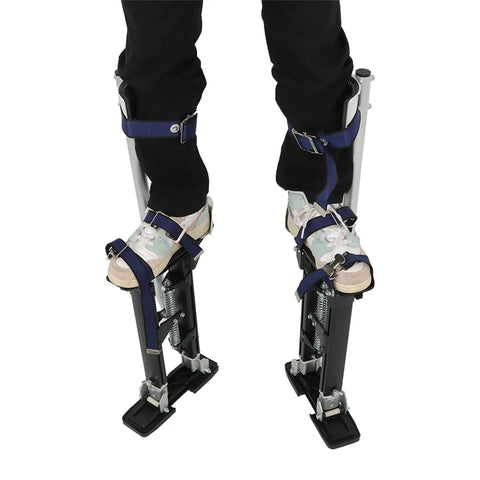 Adjustable Drywall Stilts 15 To 23 Inch Aluminum Tool Stilts With Rubber Soles For Safe Painting Or Cleaning No Tools Needed Fully Adjustable Braces Lightweight Yet Durable Black worn by person