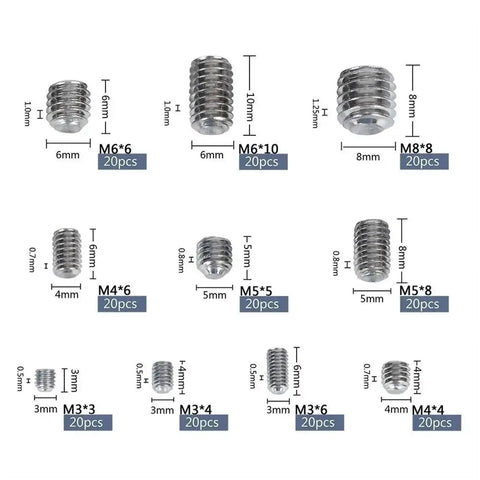 Stainless Steel Socket Head Hex Set Screw Kit Cup Point Metric M3 Through M8 400 Piece Assortment with sizes labeled.