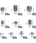 304 Stainless Steel Socket Head Hex Set Screw Kit Cup Point With Metric M3 M4 M5 M6 M8 sizes shown with dimensions