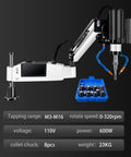 Heavy Duty Electric Tapping Arm And Thread Tapper M3 To M16 with adjustable pivot, digital display, and 8 collets.