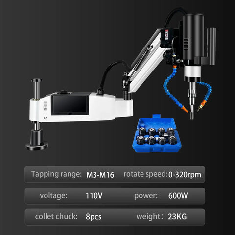 Heavy Duty Electric Tapping Arm And Thread Tapper M3 To M16 with adjustable pivot, digital display, and 8 collets.