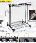 Mobile Garden Tool Organizer Metal Garage Storage Holder for Long Tools with dimensions and rolling casters shown
