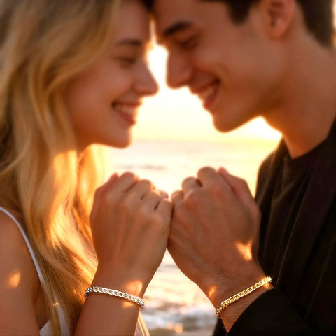 Couple holding hands wearing bracelets, showcasing the DIY Permanent Bracelet Kit With Ring Shaped Clasp For Couples And Friends.