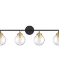 4 Light Industrial Wall Sconce With Clear Glass Shades, Vintage Style Vanity Light Over Mirror, Black And Gold Sleek Modern Bath Fixture