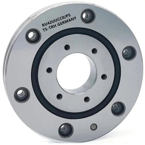 Premium Class P5 Crossed Roller Bearing For Rotary Tables showing a silver round bearing with central hole and mounting holes.