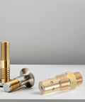 One Way Air Compressor Check Valve With Brass NPT Threaded Interface, Vertical Inline Design, Space Saving Backflow Preventer For Shop Pneumatic Systems And Industrial Gear, High Reliability, Leak Proof And Easy Install; brass valve close-up
