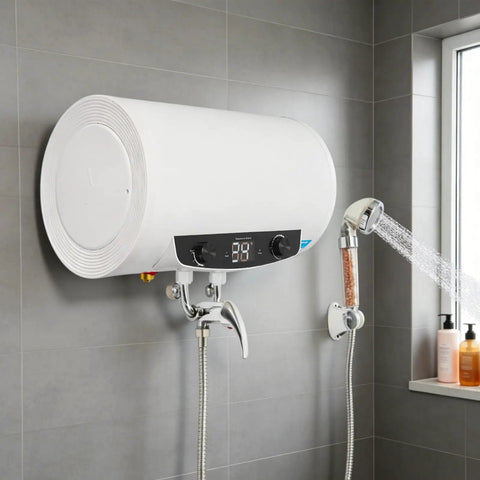 9.25 Gal Mini Electric Water Heater Wall Mounted Stainless Steel Tank 1500W Heating Undersink Point Of Use For Kitchen Bathroom installed above shower
