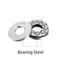 Front view: five 51100 thrust ball bearings, steel, 10 mm x 24 mm x 9 mm, single-row.