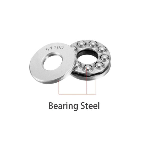 Front view: five 51100 thrust ball bearings, steel, 10 mm x 24 mm x 9 mm, single-row.