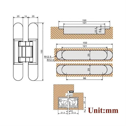 Technical drawing of Hidden 6 Inch White Door Hinges Set Of Two with dimensions, 180° swing, 3-way adjustable design.