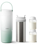 Double Wall Vacuum Insulated Breast Milk Cooler Keeps Your Baby Stash Frosty For Over 24 Hours With Premium Steel Core And Leakproof Lid, green and silver bottles with attachments.