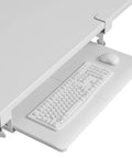 Under Desk Keyboard Tray With Smooth Pull Out Track, Ergonomic Mouse Platform For Office Space Hack, white keyboard and mouse on tray.