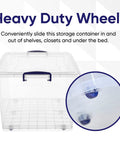 Premium Clear Wheeled Storage Bins With Lids Heavy Duty Stackable Plastic Containers Bpa Free showing heavy duty wheels for easy sliding.