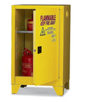 Heavy Duty Flammable Liquid Safety Cabinet One Door Manual Close 16 Gallon Steel Rack 48 Inch Height with red safety cans inside.