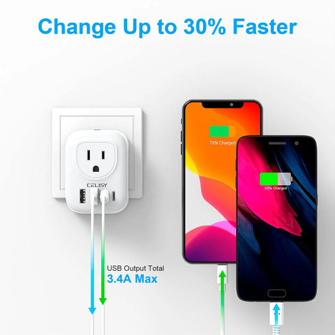 Six In One European Travel Plug Adapter With Two AC Outlets And Four USB Ports Including Two USB C, charging two phones