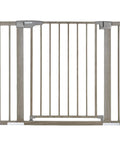 29-40 Inch Metal Baby Gate With Grey Wood Pattern, Easy Install Pressure Mounted Gate for Stairs and Doorways front view.