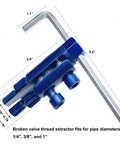 DIY Ready Broken Pipe And Valve Thread Extractor Kit For One Quarter, Three Eighths, And One Inch Pipes shown with measurements.