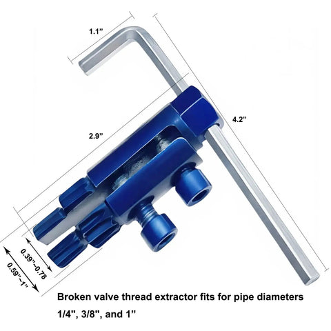 DIY Ready Broken Pipe And Valve Thread Extractor Kit For One Quarter, Three Eighths, And One Inch Pipes shown with measurements.