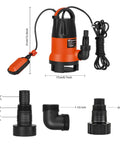 1HP Submersible Sump Pump With Automatic Float Switch, 3700GPH Clean Or Dirty Water Pump For Pool Pond Garden Flooded Cellar Aquarium And Irrigation, Orange, with accessories