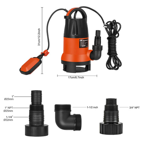 1HP Submersible Sump Pump With Automatic Float Switch, 3700GPH Clean Or Dirty Water Pump For Pool Pond Garden Flooded Cellar Aquarium And Irrigation, Orange, with accessories