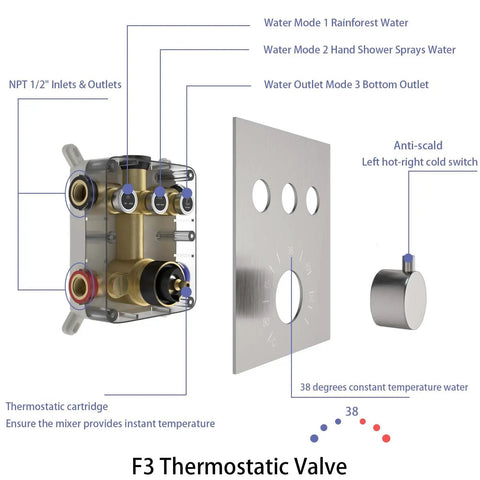 Thermostatic valve for 10 Inch Shower System with Rain Shower Head Handheld Spray and Tub Spout, brass construction.