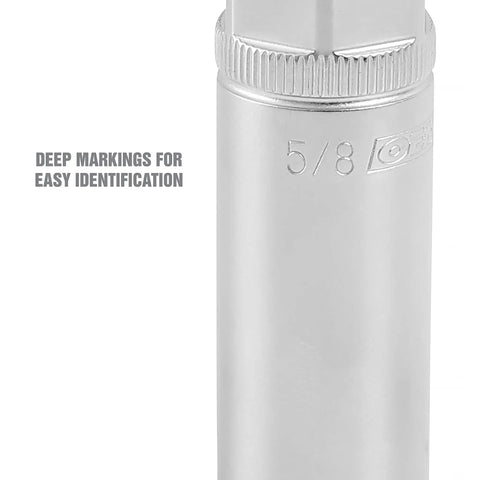 Magnetic Spark Plug Socket, 5/8 Inch, 1/2 Drive, Deep Marking For Quick ID, Knurl Grip Optimized for automotive repairs.