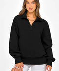 Woman wearing Womens Half Zip Oversized Fleece Hoodie Sweatshirt Black Size M With Soft Inner Fleece For Ultra Cozy Warmth