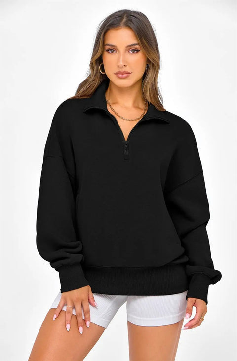 Woman wearing Womens Half Zip Oversized Fleece Hoodie Sweatshirt Black Size M With Soft Inner Fleece For Ultra Cozy Warmth