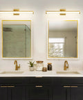 Brushed Gold 24 Inch Vanity Light With 3000K LED, Modern Bathroom Wall Fixture above dual sinks, mirrors visible