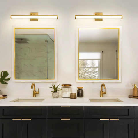 Brushed Gold 24 Inch Vanity Light With 3000K LED, Modern Bathroom Wall Fixture above dual sinks, mirrors visible